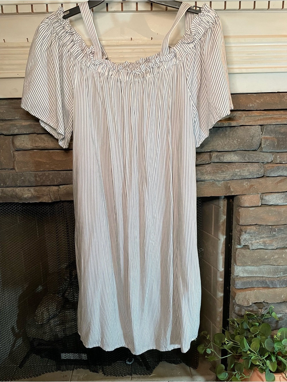 Peyton & Parker Striped Off-Shoulder Dress - White with Navy Pinstripes